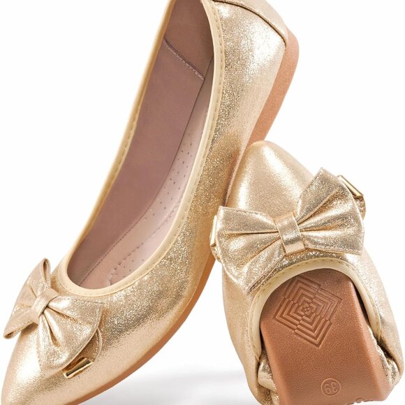 Shoes - Womens Ballet Flats Faux Leather Cap Toe Sparkly Bow Slip On Dressy Shoes